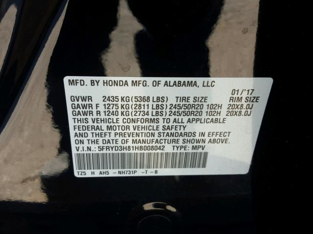 5FRYD3H81HB008042 - 2017 ACURA MDX ADVANC BLACK photo 10