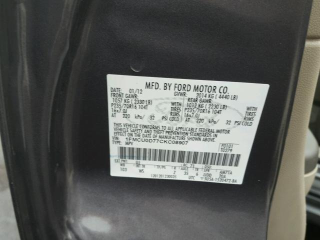 1FMCU0D77CKC08907 - 2012 FORD ESCAPE XLT GRAY photo 10