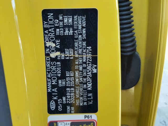 KNDJP3A58G7239714 - 2016 KIA SOUL + YELLOW photo 10