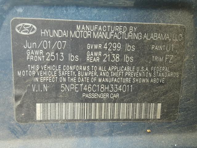 5NPET46C18H334011 - 2008 HYUNDAI SONATA GLS BLUE photo 10