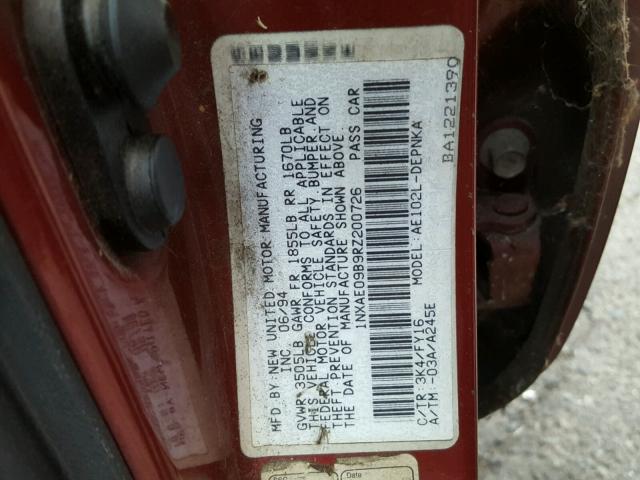 1NXAE09B9RZ200726 - 1994 TOYOTA COROLLA LE RED photo 10