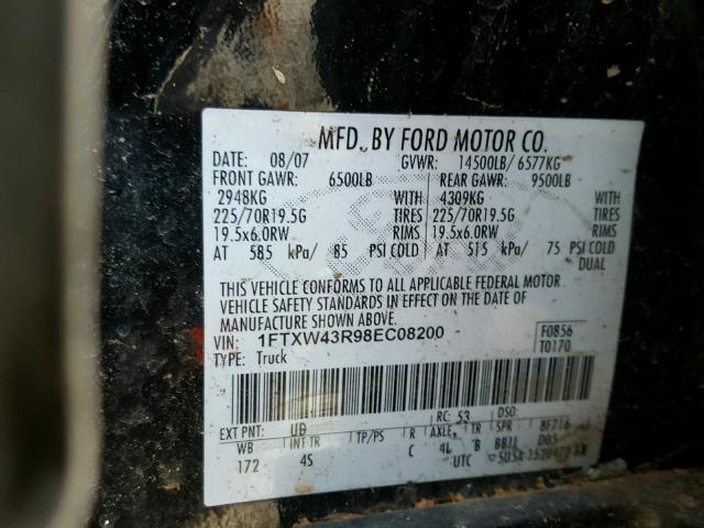 1FTXW43R98EC08200 - 2008 FORD F450 SUPER BLACK photo 10