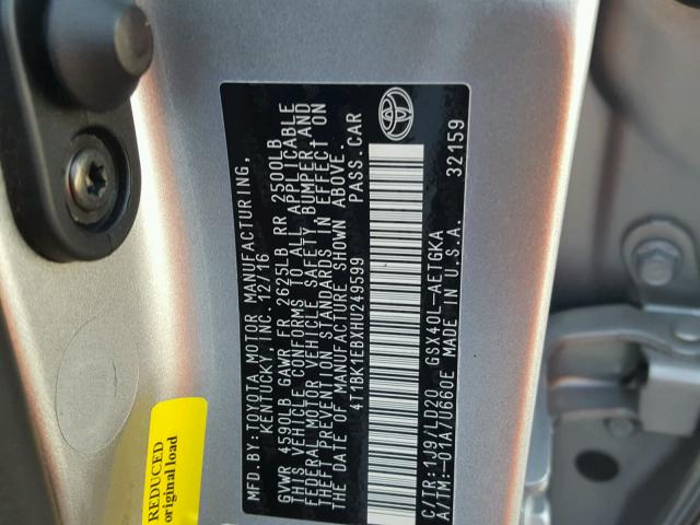 4T1BK1EBXHU249599 - 2017 TOYOTA AVALON XLE SILVER photo 10