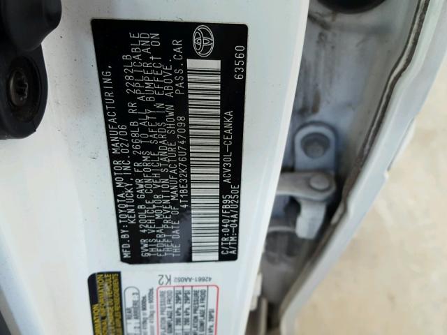 4T1BE32K76U747098 - 2006 TOYOTA CAMRY LE 白色 照片 10