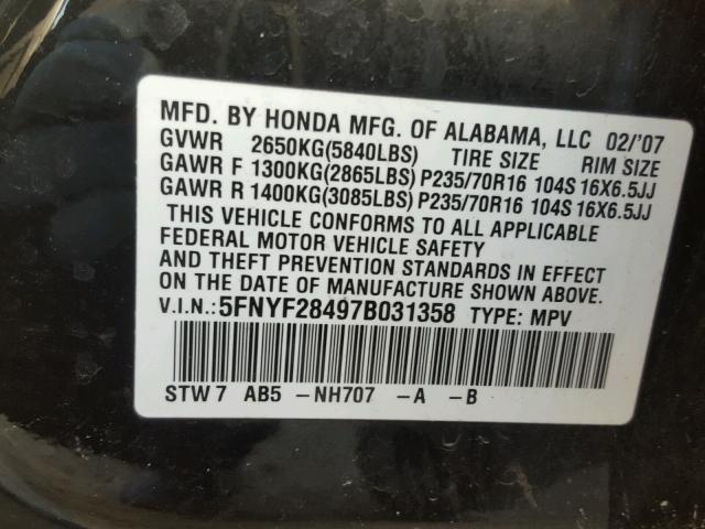 5FNYF28497B031358 - 2007 HONDA PILOT EX BLACK photo 10