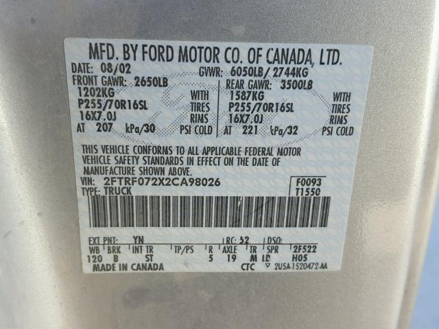 2FTRF072X2CA98026 - 2002 FORD F150 SILVER photo 10