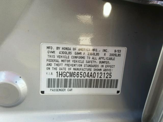 1HGCM66504A012125 - 2004 HONDA ACCORD EX SILVER photo 10