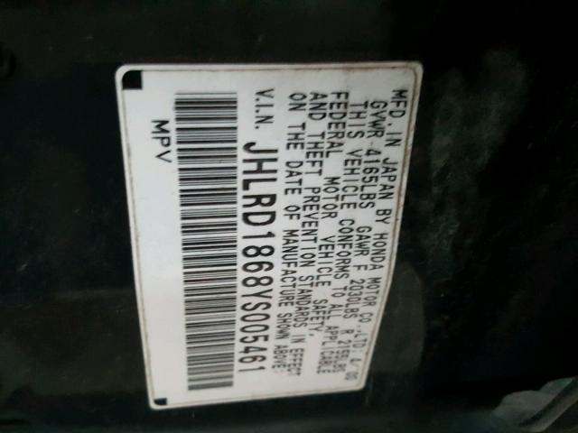 JHLRD1868YS005461 - 2000 HONDA CR-V EX შავი ფოტო 10