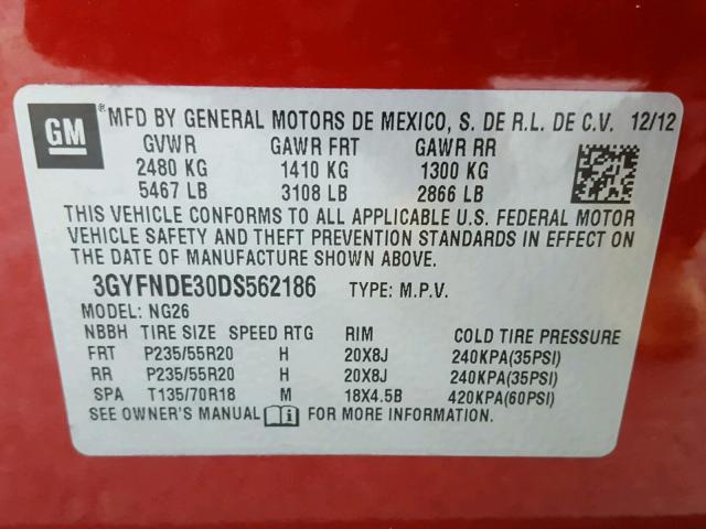 3GYFNDE30DS562186 - 2013 CADILLAC SRX PERFOR 红色 照片 10