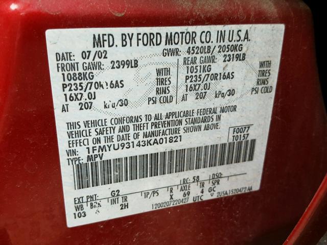 1FMYU93143KA01821 - 2003 FORD ESCAPE XLT RED photo 10