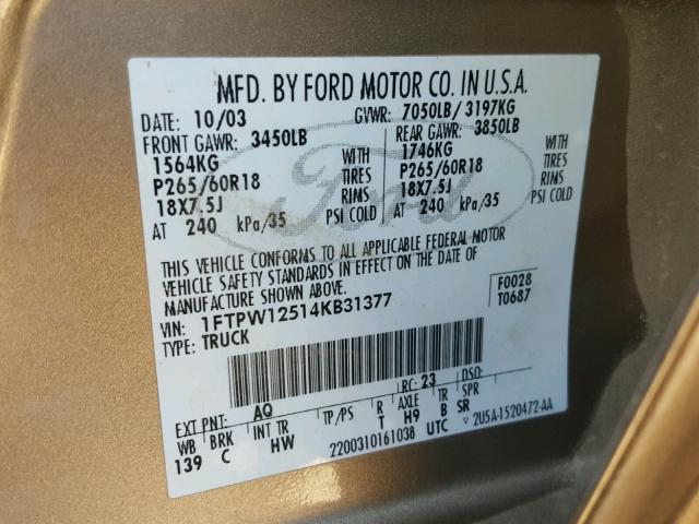 1FTPW12514KB31377 - 2004 FORD F150 SUPER GOLD photo 10