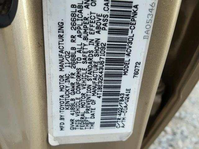 4T1BE32K43U671092 - 2003 TOYOTA CAMRY LE GOLD photo 10