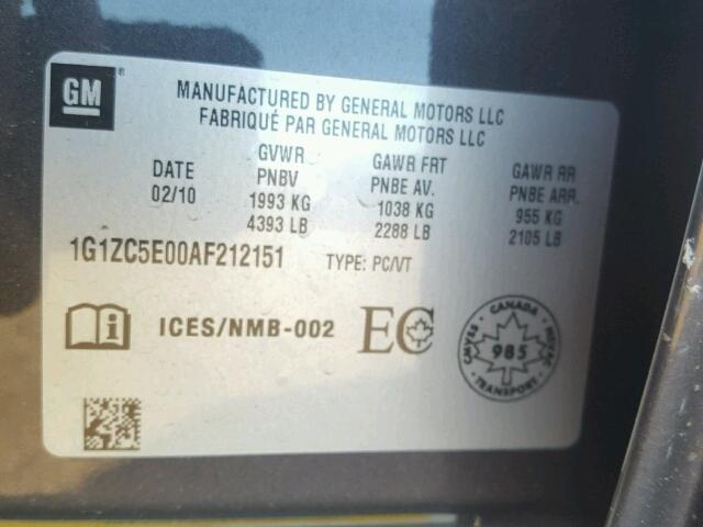 1G1ZC5E00AF212151 - 2010 CHEVROLET MALIBU 1LT GRAY photo 10