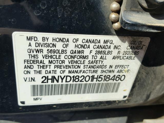 2HNYD18201H518460 - 2001 ACURA MDX BLACK photo 10