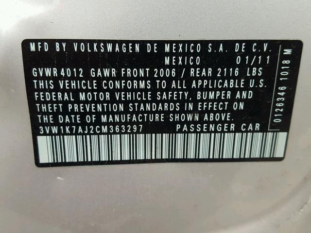 3VW1K7AJ2CM363297 - 2012 VOLKSWAGEN JETTA BASE SILVER photo 10