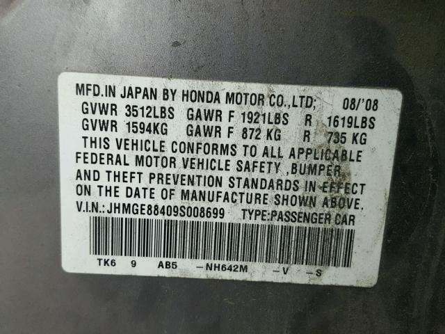 JHMGE88409S008699 - 2009 HONDA FIT SPORT GRAY photo 10