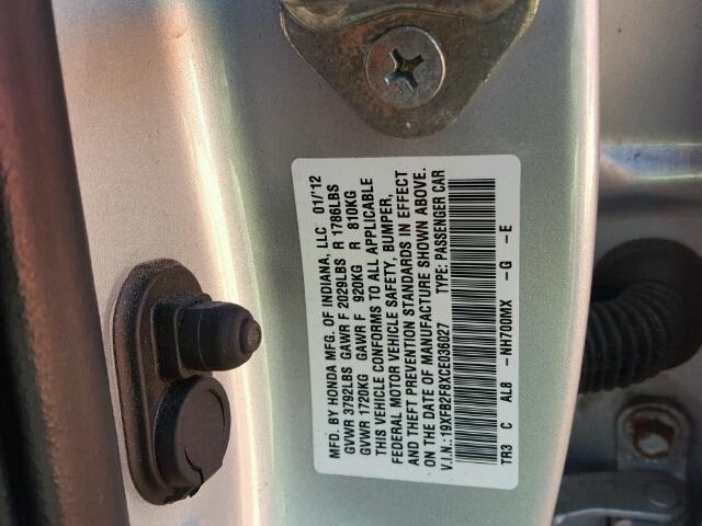 19XFB2F8XCE036027 - 2012 HONDA CIVIC EX ნაცრისფერი ფოტო 10