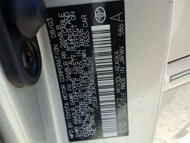 JTDBF30K340152399 - 2004 TOYOTA CAMRY LE SILVER photo 10