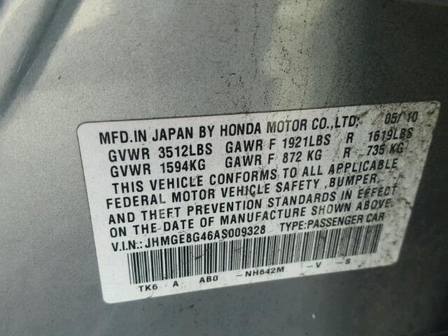 JHMGE8G46AS009328 - 2010 HONDA FIT SPORT GRAY photo 10