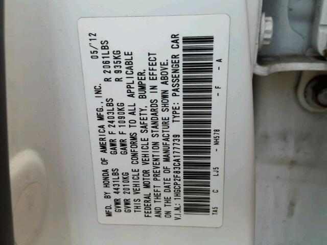 1HGCP2F83CA177739 - 2012 HONDA ACCORD EXL Ağ foto 10