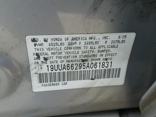 19UUA66295A061831 - 2005 ACURA TL SILVER photo 10