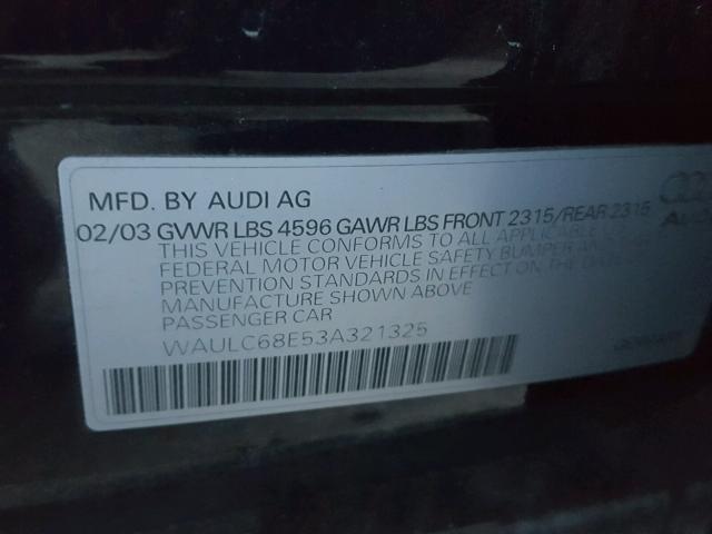 WAULC68E53A321325 - 2003 AUDI A4 1.8T QU BLUE photo 10