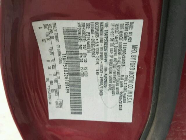 1FAFP53U32G189499 - 2002 FORD TAURUS SE RED photo 10