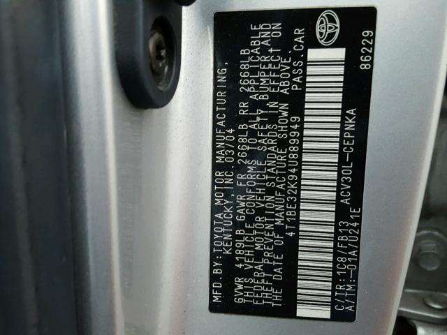 4T1BE32K94U889949 - 2004 TOYOTA CAMRY LE SILVER photo 10