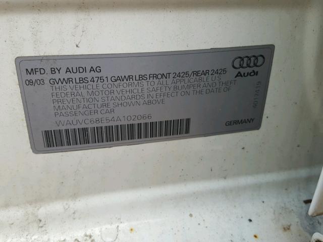 WAUVC68E54A102066 - 2004 AUDI A4 1.8T AV WHITE photo 10