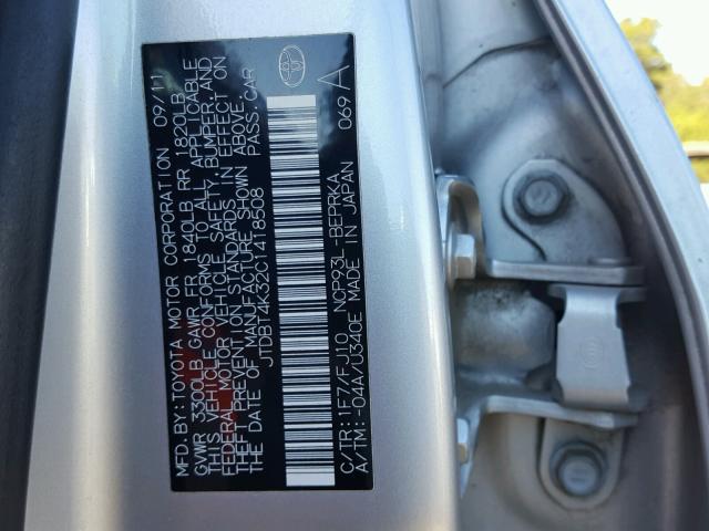 JTDBT4K32C1418508 - 2012 TOYOTA YARIS SILVER photo 10