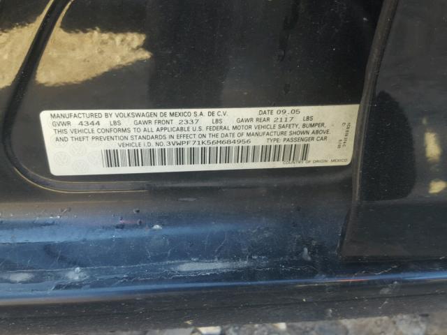 3VWPF71K56M684956 - 2006 VOLKSWAGEN JETTA VALU BLACK photo 10