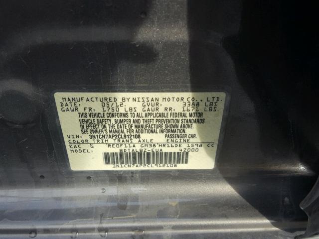 3N1CN7AP2CL912108 - 2012 NISSAN VERSA S CHARCOAL photo 10