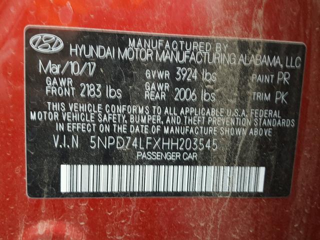 5NPD74LFXHH203545 - 2017 HYUNDAI ELANTRA SE RED photo 10