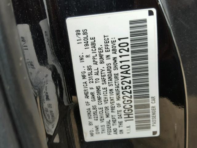 1HGCG2252YA011201 - 2000 HONDA ACCORD EX BLACK photo 10