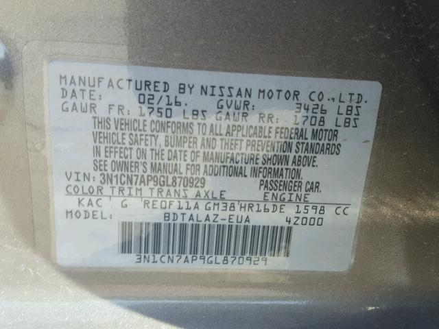 3N1CN7AP9GL870929 - 2016 NISSAN VERSA S GRAY photo 10