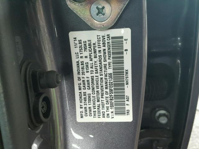 19XFB2F59FE021366 - 2015 HONDA CIVIC LX GRAY photo 10