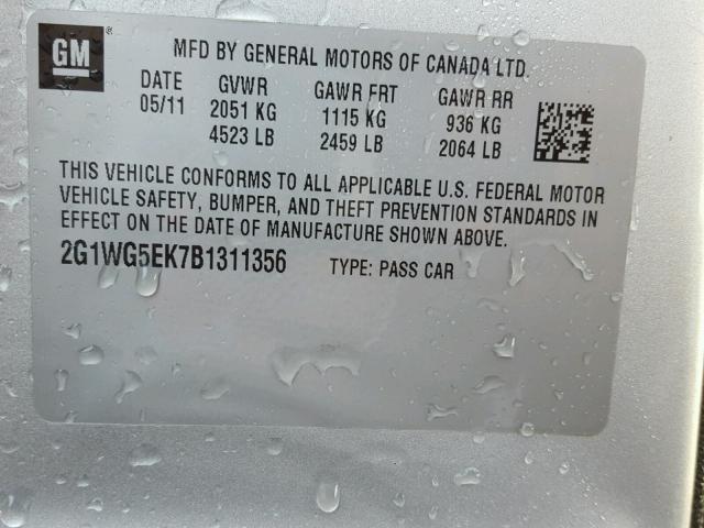 2G1WG5EK7B1311356 - 2011 CHEVROLET IMPALA LT SILVER photo 10