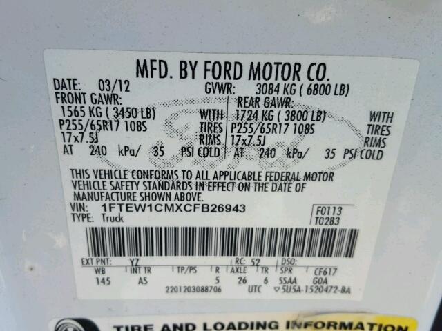 1FTEW1CMXCFB26943 - 2012 FORD F150 SUPER WHITE photo 10