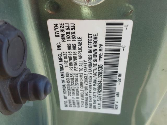 5J6YH28634L028535 - 2004 HONDA ELEMENT EX GREEN photo 10