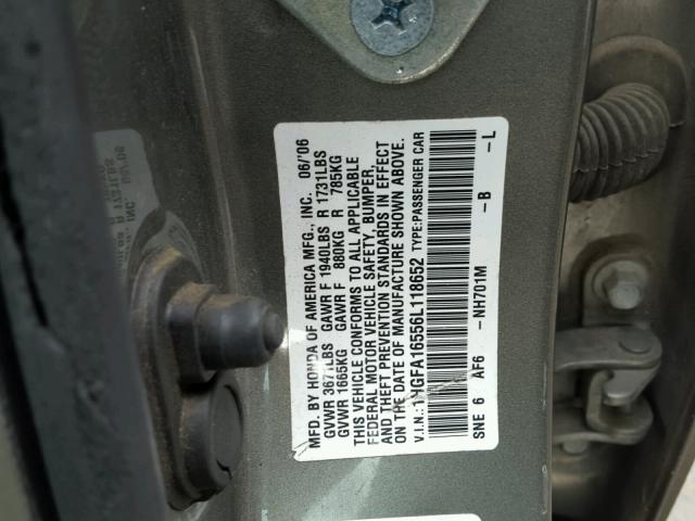 1HGFA16556L118652 - 2006 HONDA CIVIC LX CHARCOAL photo 10