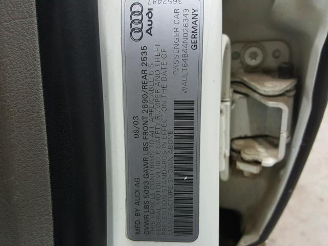 WAULT64B44N026349 - 2004 AUDI A6 3.0 QUA WHITE photo 10