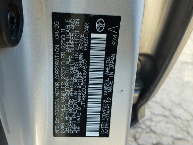 JTDKB20U253059672 - 2005 TOYOTA PRIUS SILVER photo 10