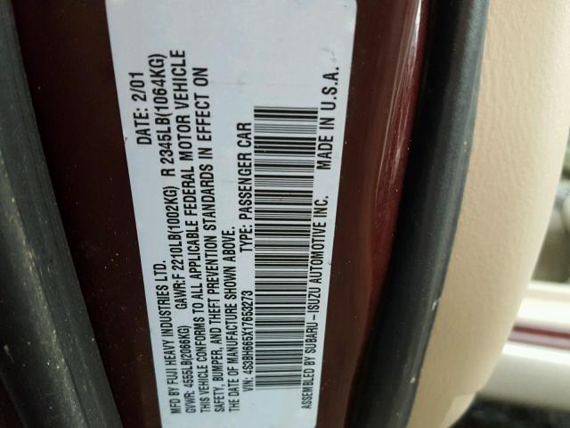 4S3BH665X17653273 - 2001 SUBARU LEGACY OUT BURGUNDY photo 10