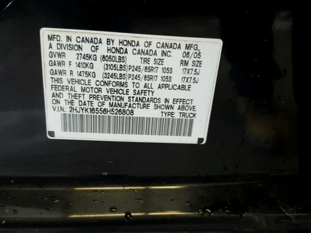 2HJYK16556H526808 - 2006 HONDA RIDGELINE BLACK photo 10