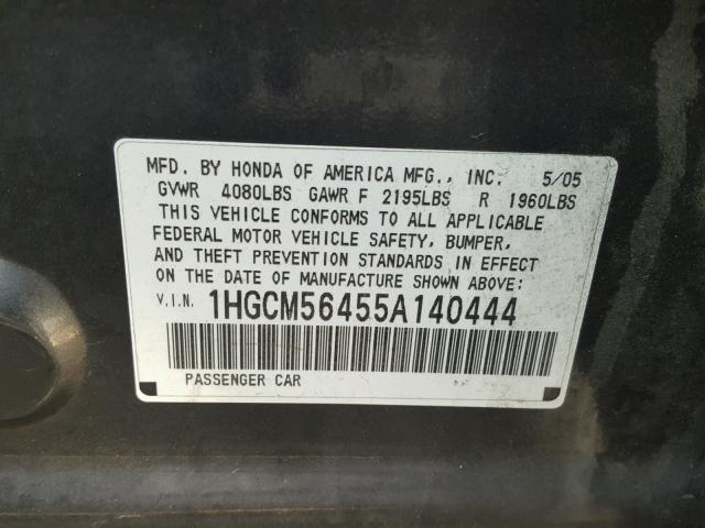 1HGCM56455A140444 - 2005 HONDA ACCORD LX GRAY photo 10