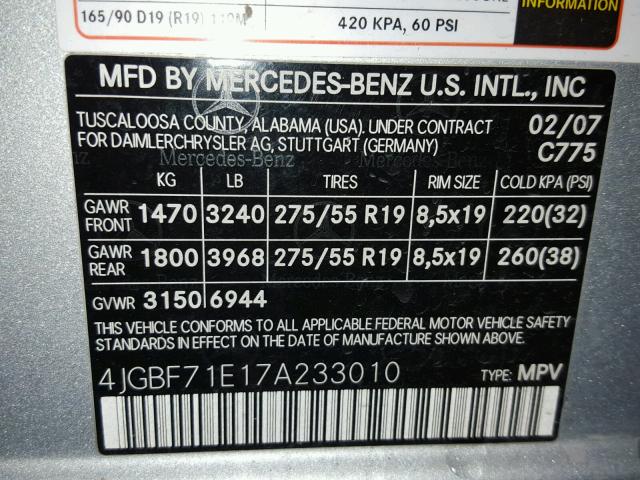 4JGBF71E17A233010 - 2007 MERCEDES-BENZ GL 450 4MA SILVER photo 10