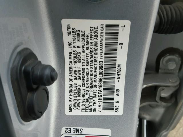 1HGFA16866L009983 - 2006 HONDA CIVIC EX SILVER photo 10