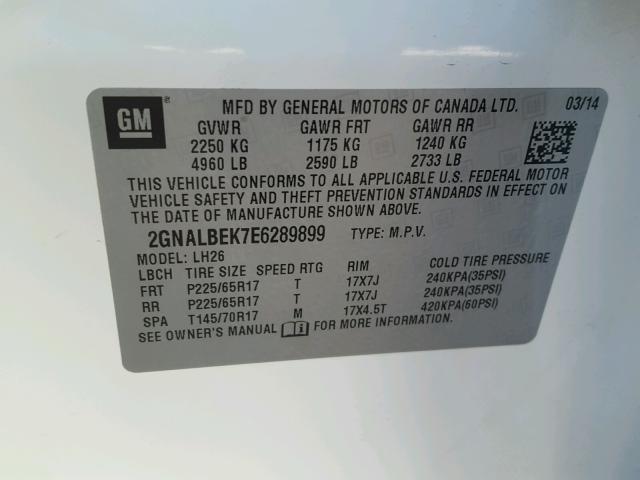 2GNALBEK7E6289899 - 2014 CHEVROLET EQUINOX LT WHITE photo 10