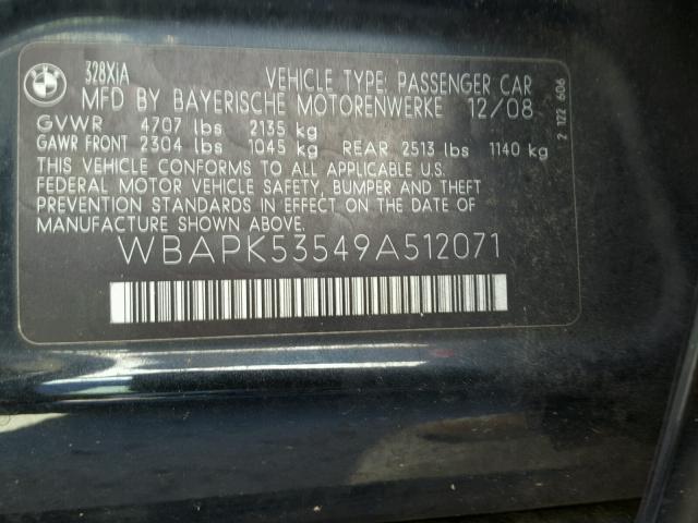 WBAPK53549A512071 - 2009 BMW 328 XI SUL BLACK photo 10