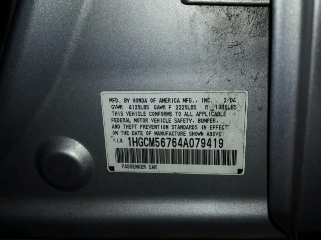 1HGCM56764A079419 - 2004 HONDA ACCORD EX SILVER photo 10